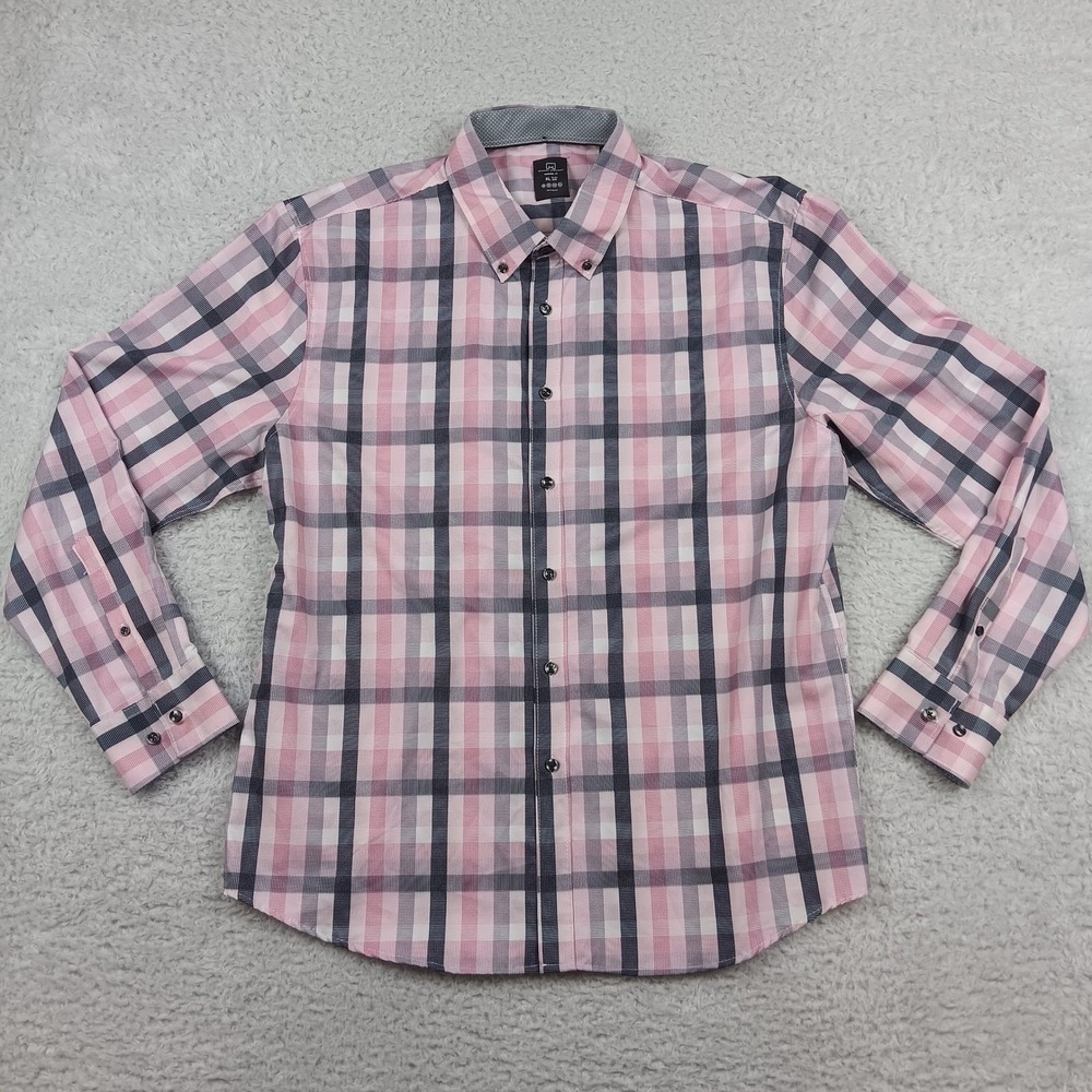 Michael Strahan Shirt Modern Fit Mens XL Pink Navy Plaid Stretch RN 77219